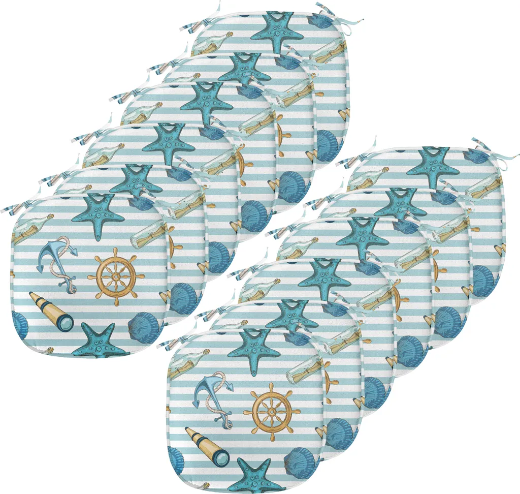 ABAKUHAUS Imbottitura nautica per sedie da sala da pranzo, ruota dell'ancora Stella marina, cuscino decorativo impermeabile con cinturini per sedie da cucina, 40 cm x 40 cm - confezione da 12, blu e albicocca