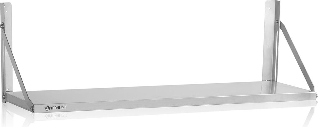 A stainless steel wall shelf with folding brackets, shown against a white background.