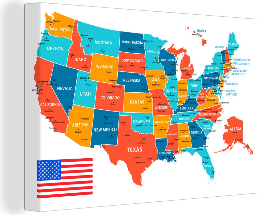 A colorful map of the United States of America, with states labeled and colored differently. An American flag is shown in the bottom left corner.