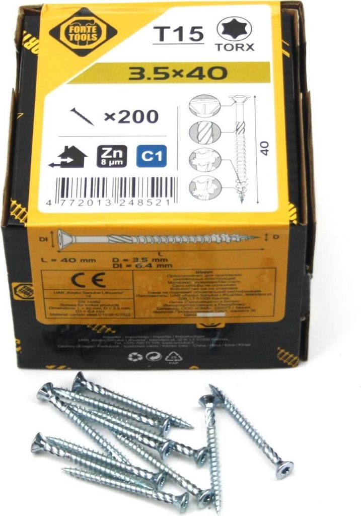 200x Universal Holzschrauben 3,5x40mm T15 Torx Spanplattenschrauben verzink