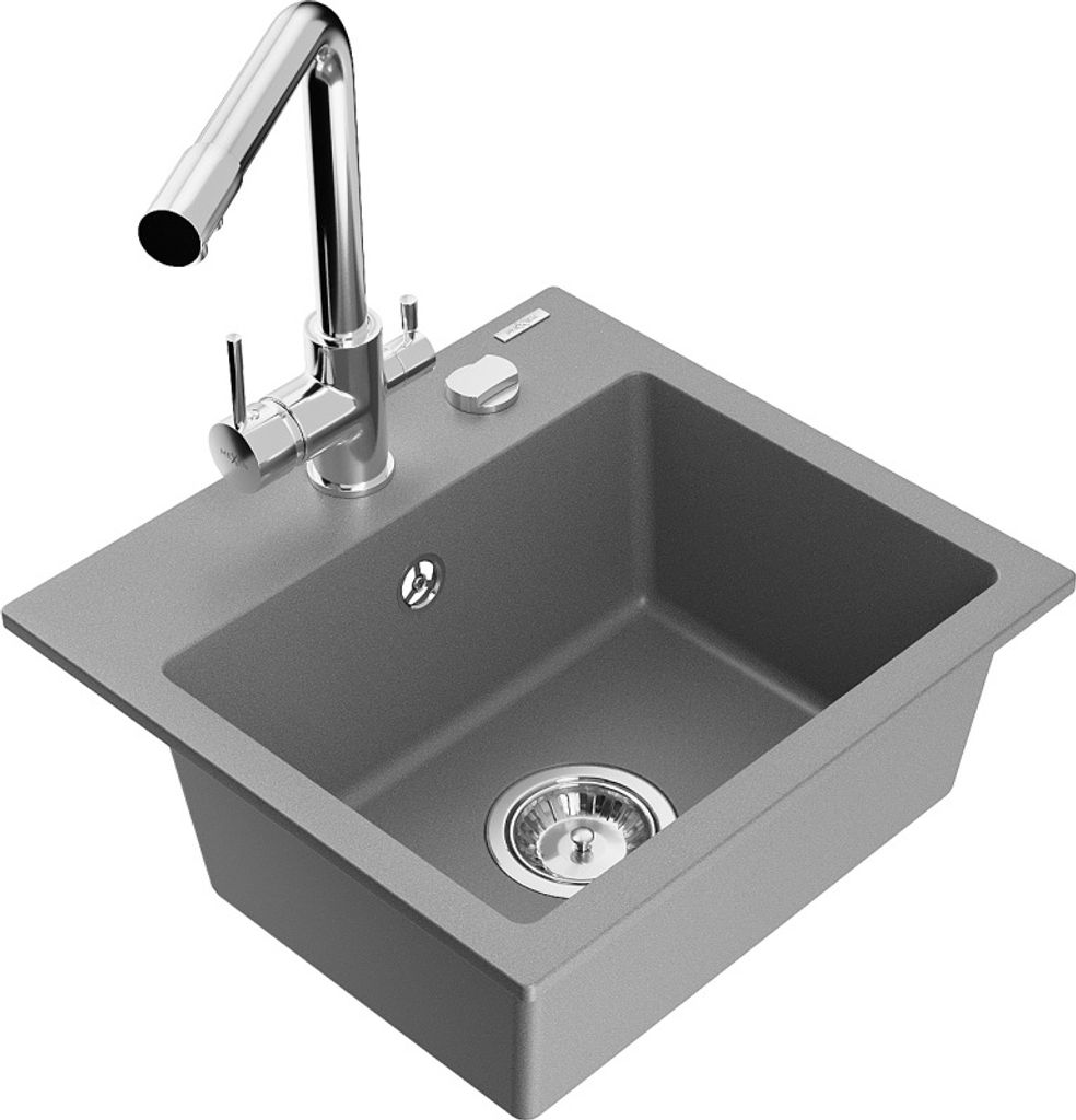 Mexen Milo 1-Becken-Granit-Spüle mit Mischbatterie Duero, Grau - 6505-71-671600-00