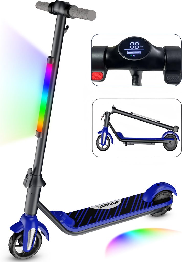 Elektroroller KXQ-EPRO E-Scooter Für Kinder 6-12 Jahren- Faltbar- LCD-Anzeige- Reichweite 8km- Max. 12km/h- Bunte Neonlichter- Elektroscooter Blau