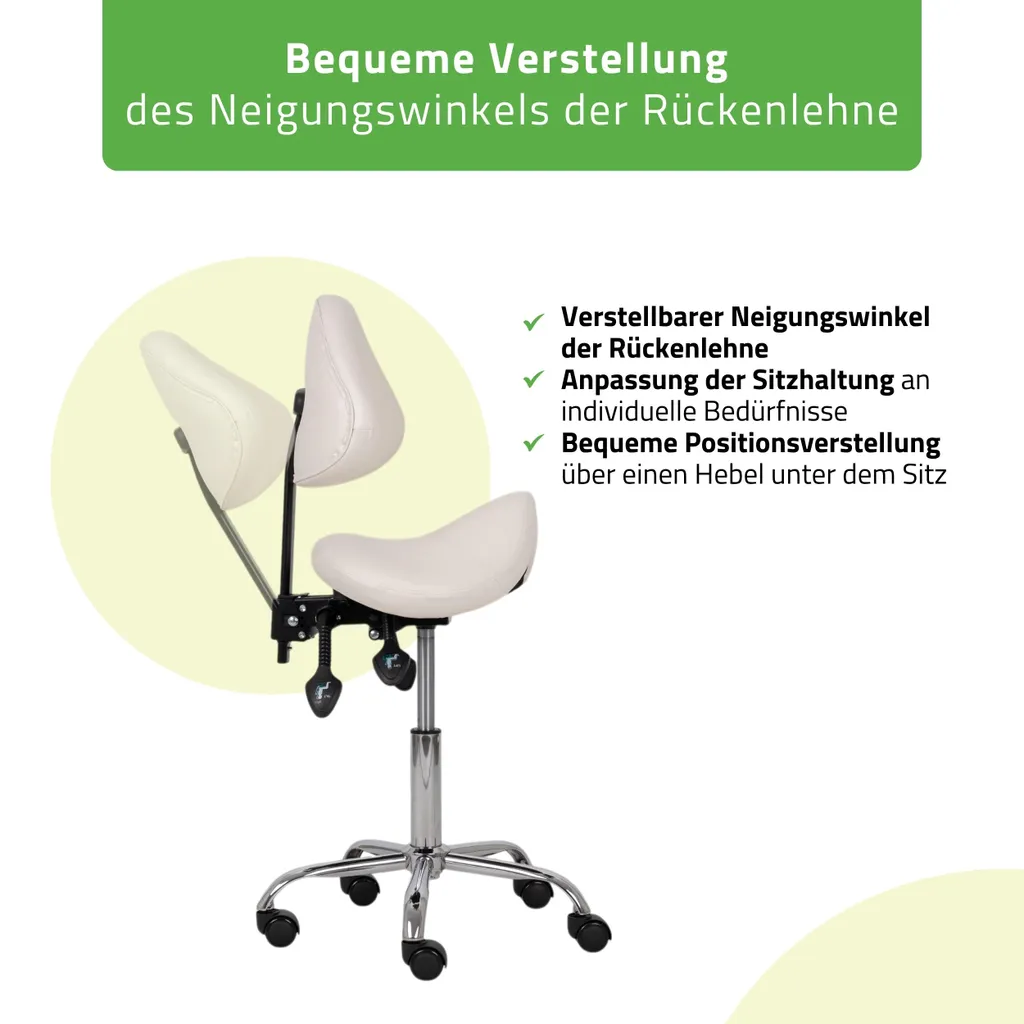 Tabouret à roulettes médical avec dossier ergonomique blanc réglable - 3
