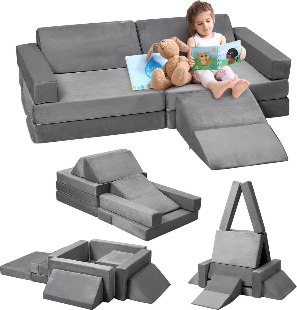 Modulares Spielsofa für Kinder - 12-teiliges Set - Kletterkeil - Quadratisches Bällebad - Faserfüllung - Für Kleinkinder und Spielzimmer - Grau