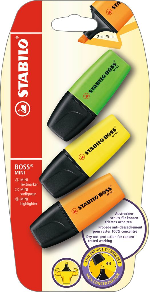 Textmarker - STABILO BOSS MINI - 3er Pack - gelb, grün, orange