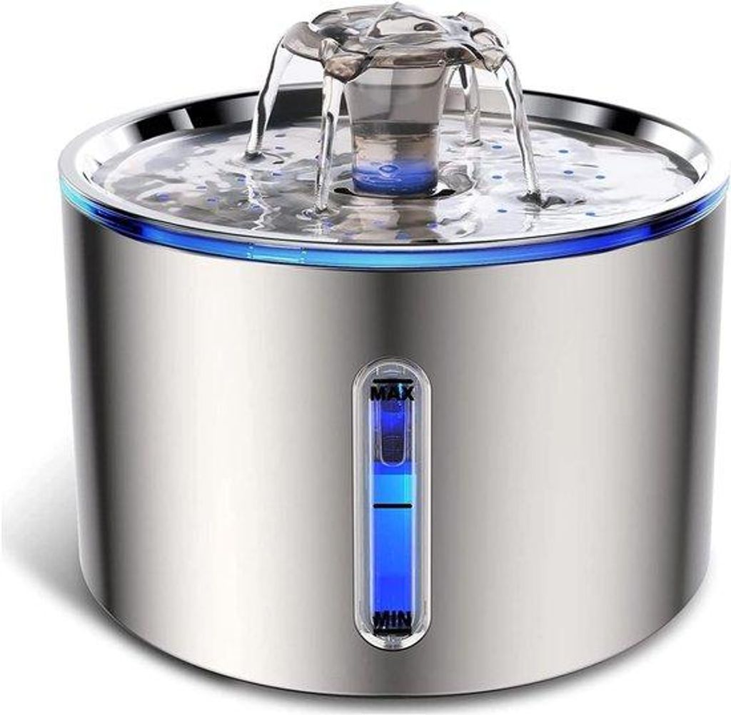 Kattendrinkbecken Luxe RVS 2,5L mit Wasserstandsanzeige & LED, 304 Edelstahl, inkl. Filter