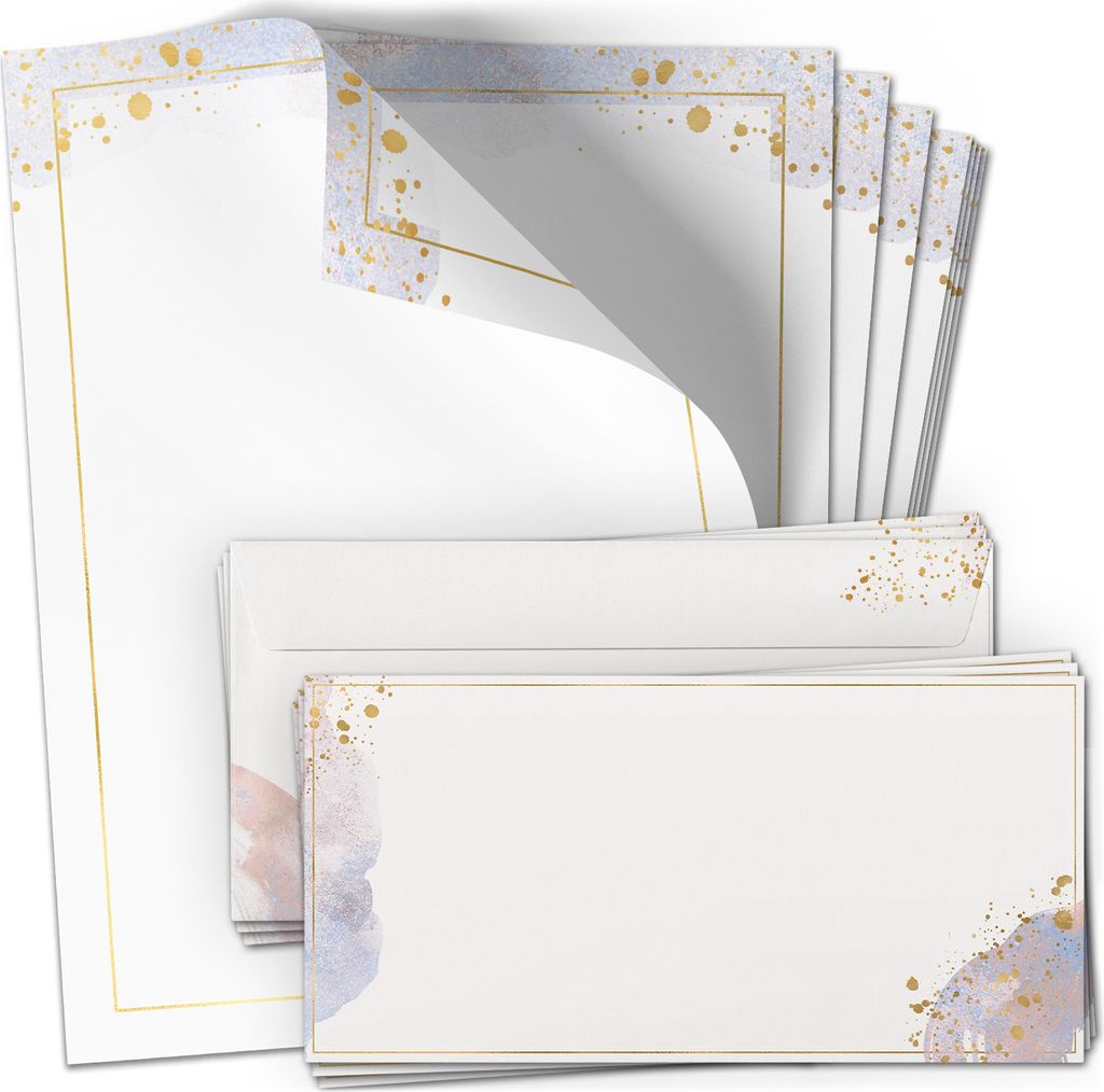 50 Briefpapier und Briefumschlag SET | Aquarell Gold-Look | Papier und Umschlag mit Design-Motiv bedruckt | 90 g/m²