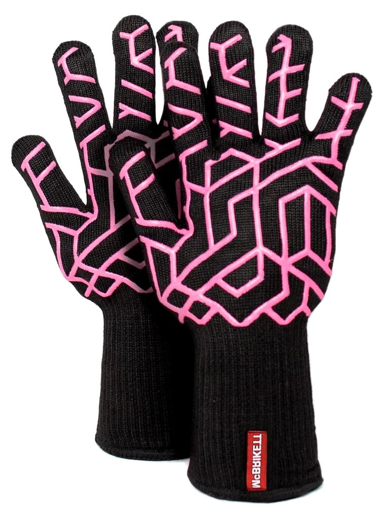 Hitzebeständige BBQ Grillhandschuhe, Ofenhandschuhe bis 500°C, Schwarz-Pink, Damen