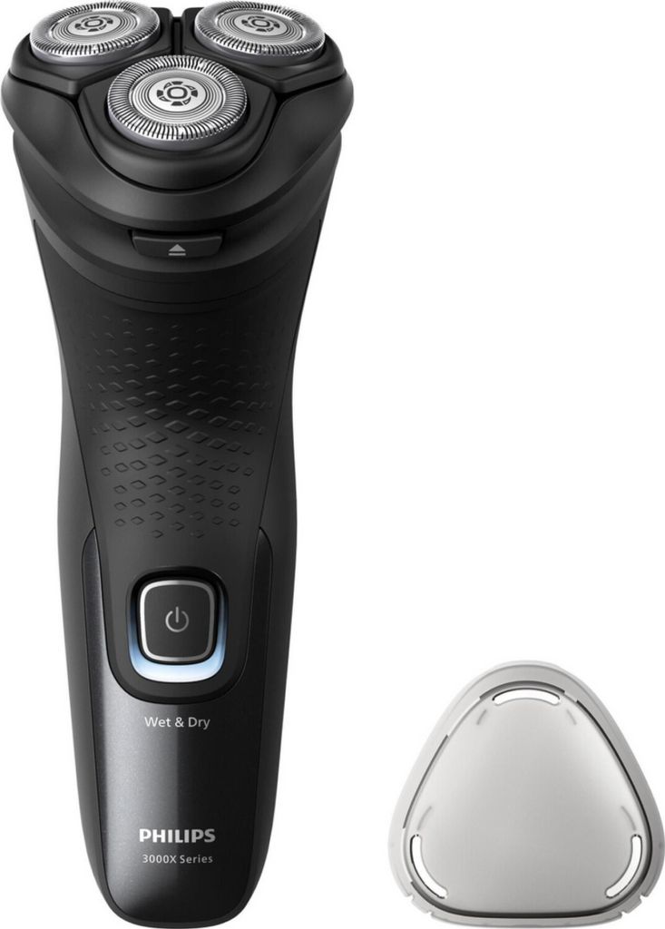 A black electric shaver and its protective cap are displayed against a white background.