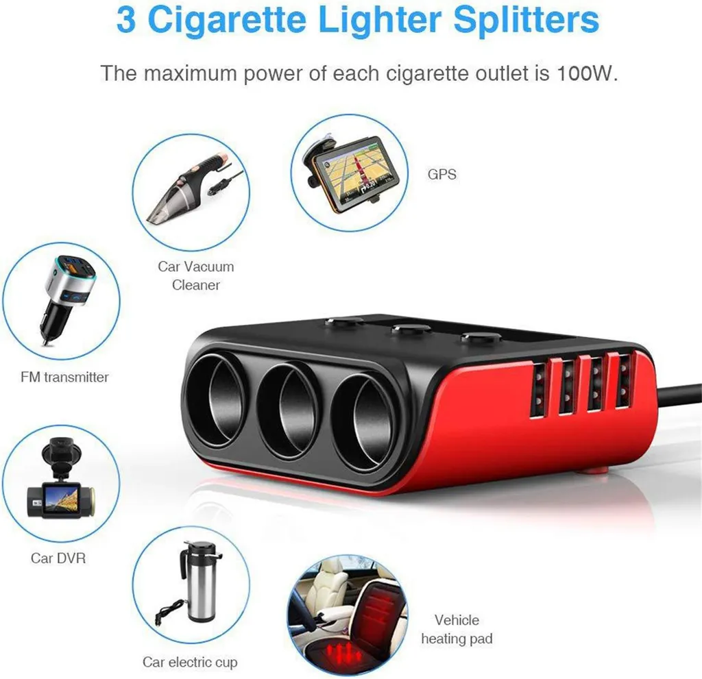 Sdoppiatore Accendisigari Auto 120W: 3 Prese e 4 USB con Voltmetro LED - 3