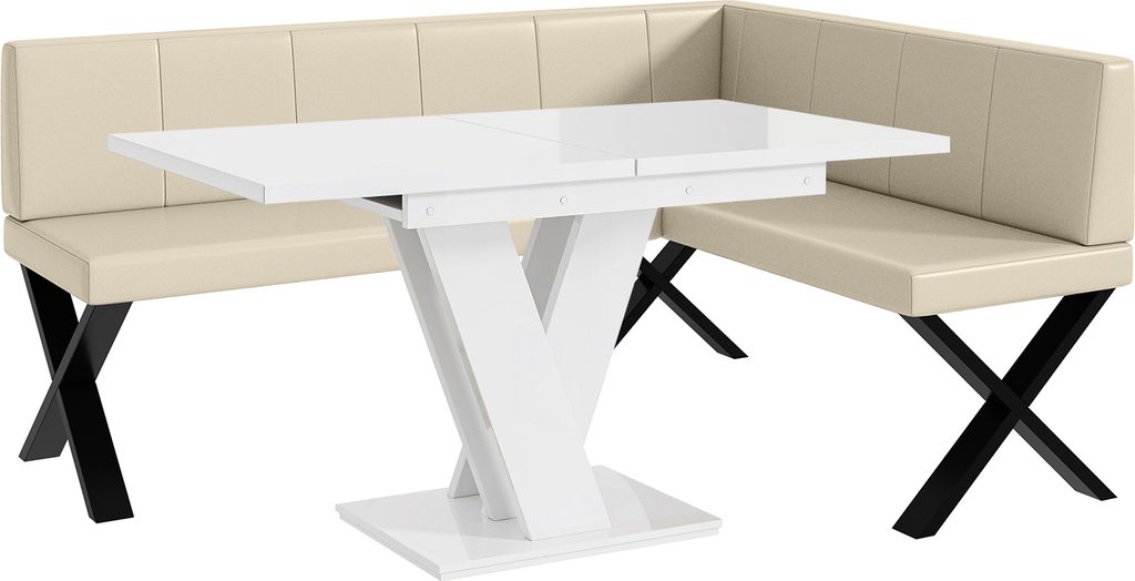 MEBLINI Eckbank für Esszimmer mit ausziehbarem Tisch - Küchenbank - Essecke - Sitzecke Küche - PETER - X-Beine 128x168x87cm Rechts - Creme Kunst...