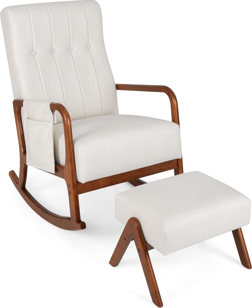 A white rocking chair with a matching ottoman, presented on a white background.