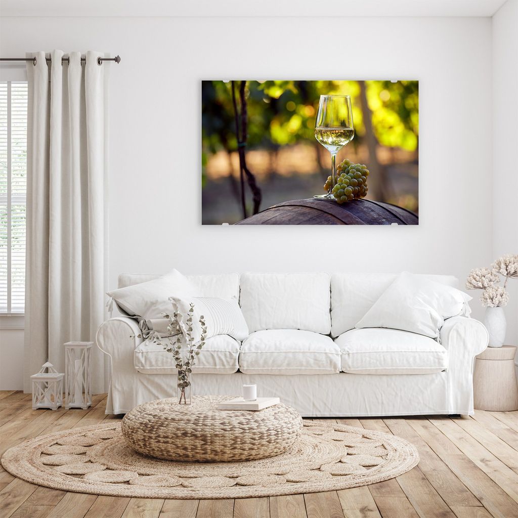 Glasbild Wandbild Glas Weisswein auf Barrel 60x40cm in XXL für Wohnzimmer, Schlafzimmer, Badezimmer, Flur