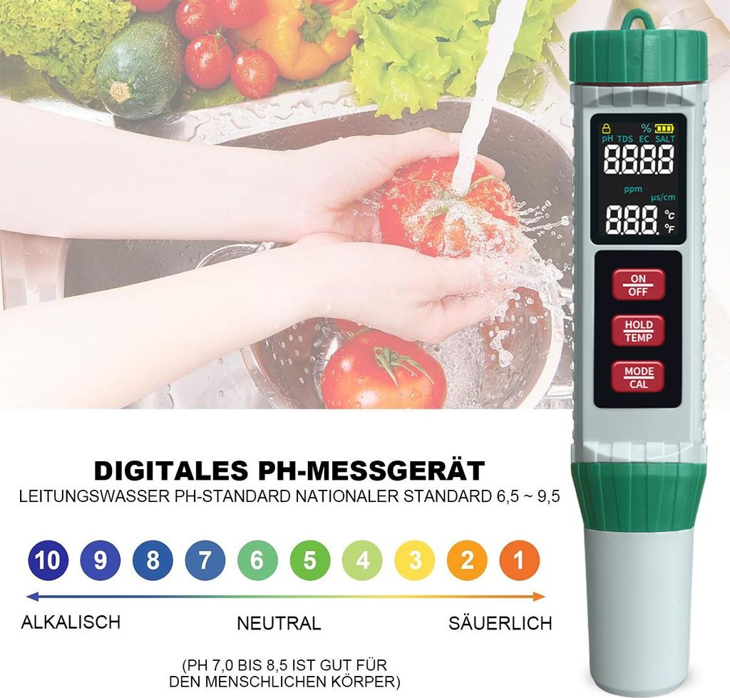 5-in-1 pH Tester + Salzgehalt Messgerät – TDS/EC/Thermometer für Schwimmbecken Wasserqualität