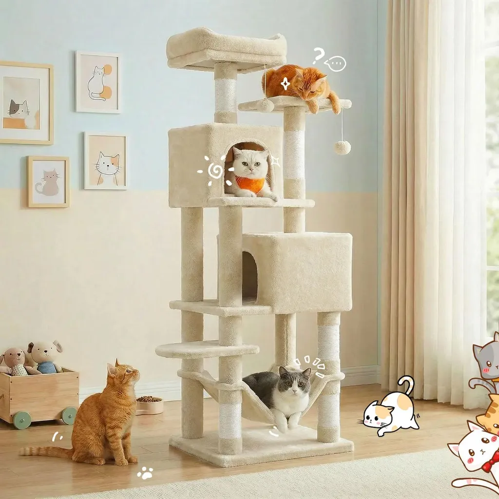 Arbre à chat avec grand hamac et poteaux en sisal - Design 5 étages