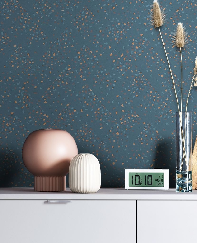 NEWROOM Tapete Blau Vliestapete Leicht Glänzend - Mustertapete Modern Braun Petrol Konfetti Sprinkles Metalic Grafisch Konfettioptik