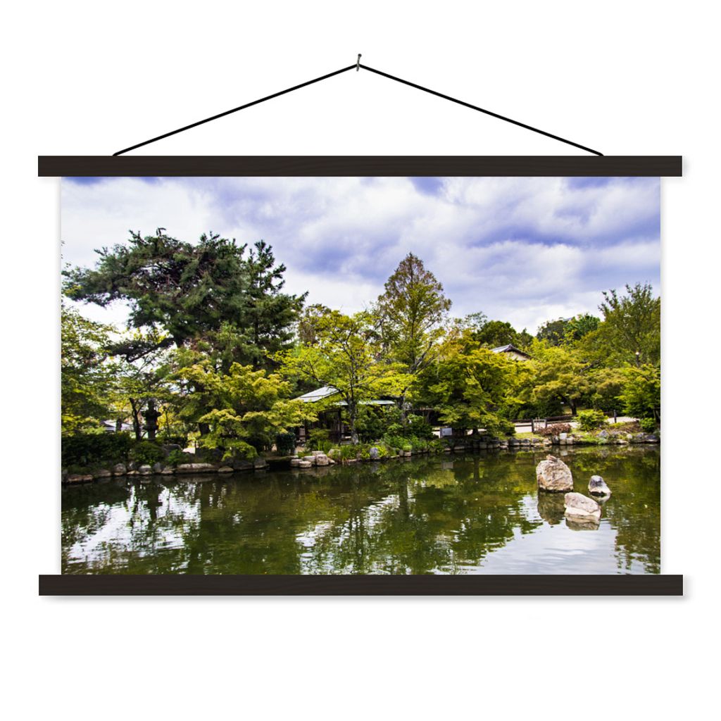 MuchoWow Textilposter Teichlandschaft im japanischen Gion bei Kyoto 150x100 cm mit schwarzem Rahmen - Schlafzimmer