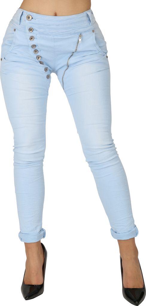 Mytrendshoe Damen Jeans Regular Waist Zipper Skinny Fit Denim Zierknöpfe Hose 837536, Farbe: Hellblau, Größe: 40