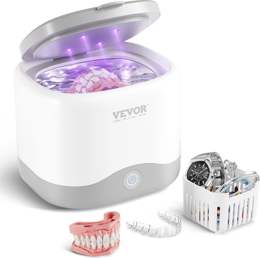 A VEVOR ultrasonic cleaner with a denture and retainer shown next to it.