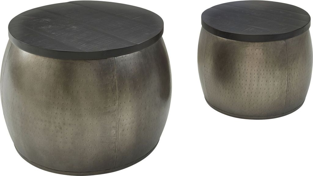 Design Couchtisch 2er Set Mango Massivholz Satztisch Rund Silber | Wohnzimmertisch Aluminium abnehmbarer Deckel | Beistelltisch Modern Metall / Hol...