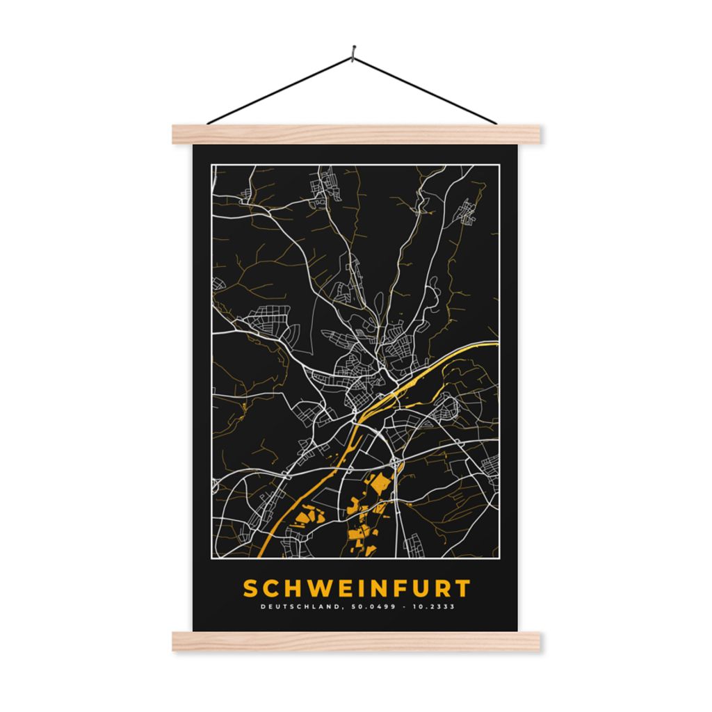 MuchoWow Textilposter Deutschland - Schwarz und Gold - Schweinfurt - Stadtplan - Karte 120x180 cm mit holzfarbenen Rahmen - Textil-Plakat