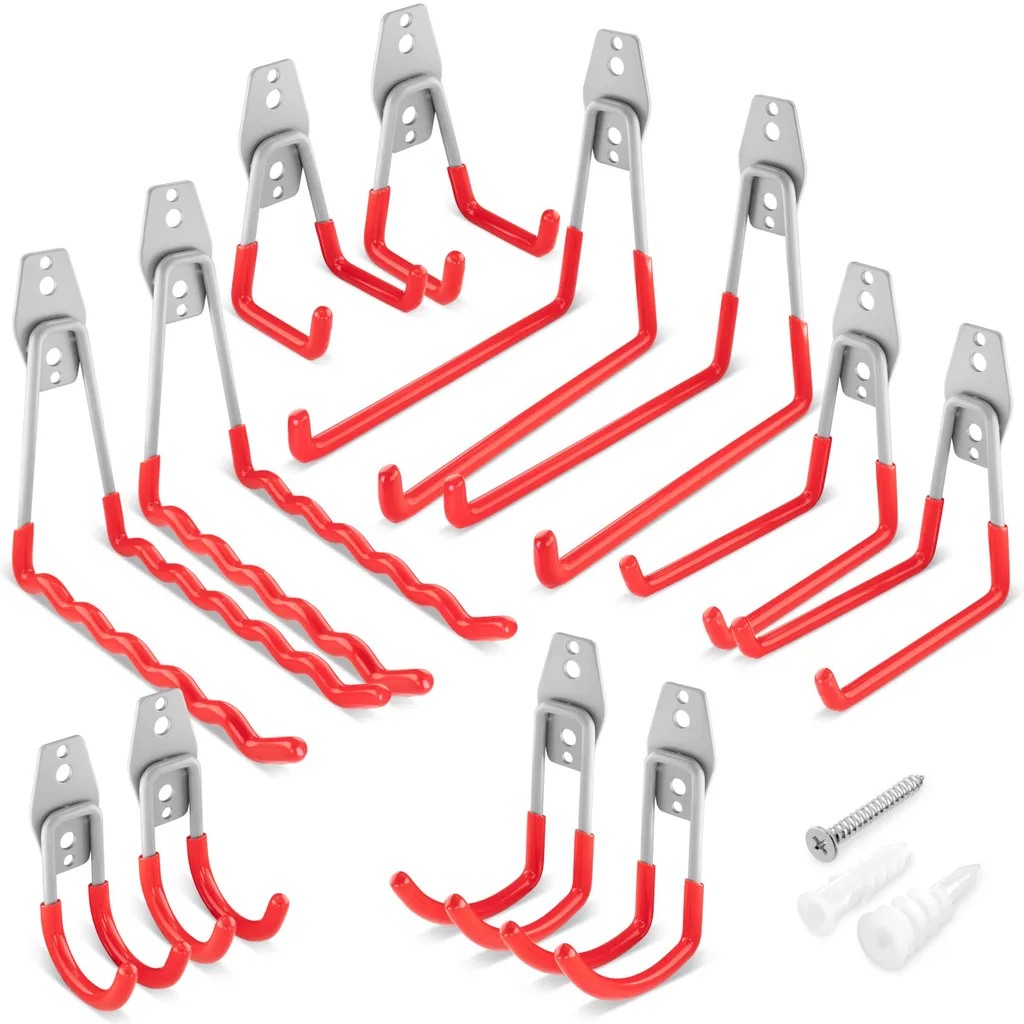 Supports Muraux de Garage : Lot de 12 Crochets Doubles en Acier Rouge Vif