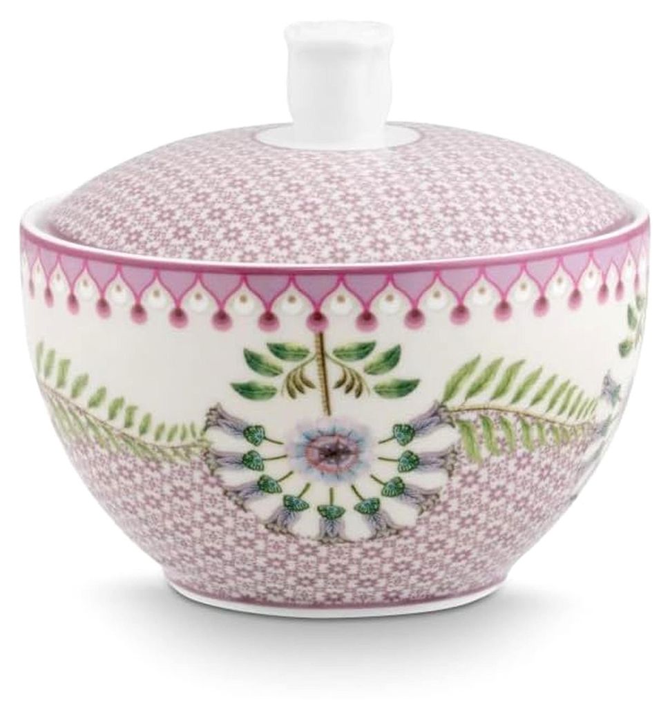 Elegante lila Zuckerdose mit Muster, 300ml Fassungsvermögen für den gedeckten Tisch