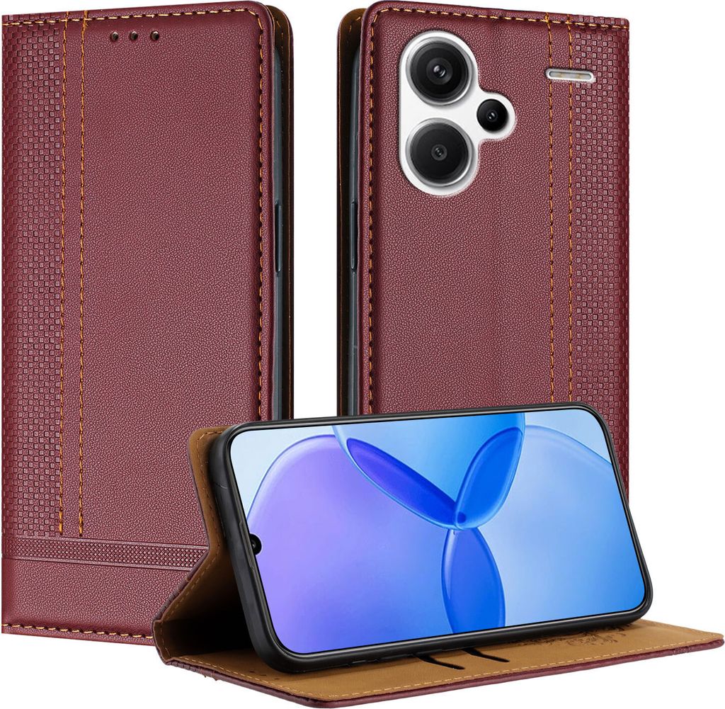 Handyhülle für Xiaomi Redmi Note 13 Pro+ Leder Flip Klappbare Schutzhülle mit Standfunktion Dunkelrot