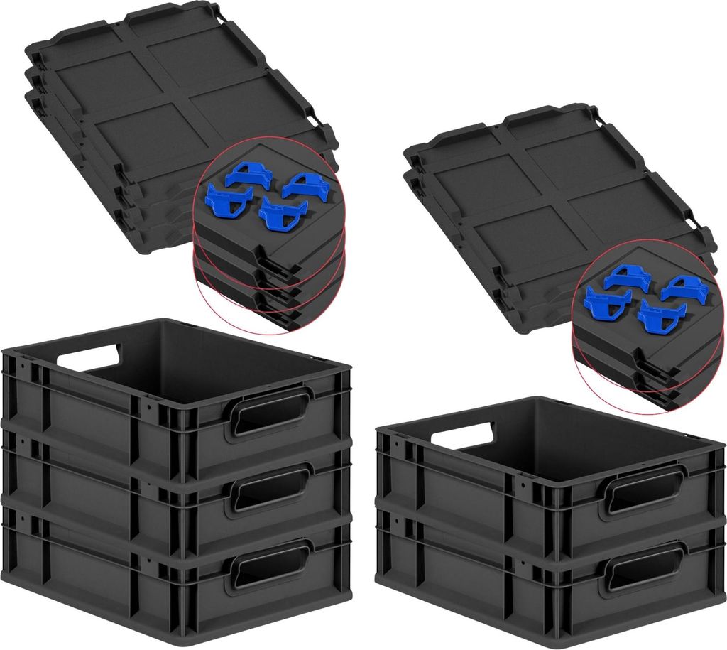 SparSet 5x Eurobox NextGen Grip mit Auflagedeckel inkl. 4 blauen Schiebeschnappverschlüssen | HxBxT 12x30x40cm | 11 Liter | Schwarz | Griffe offen...