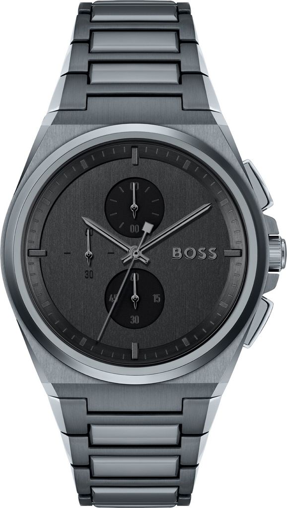 A close-up studio shot of a men's wristwatch.