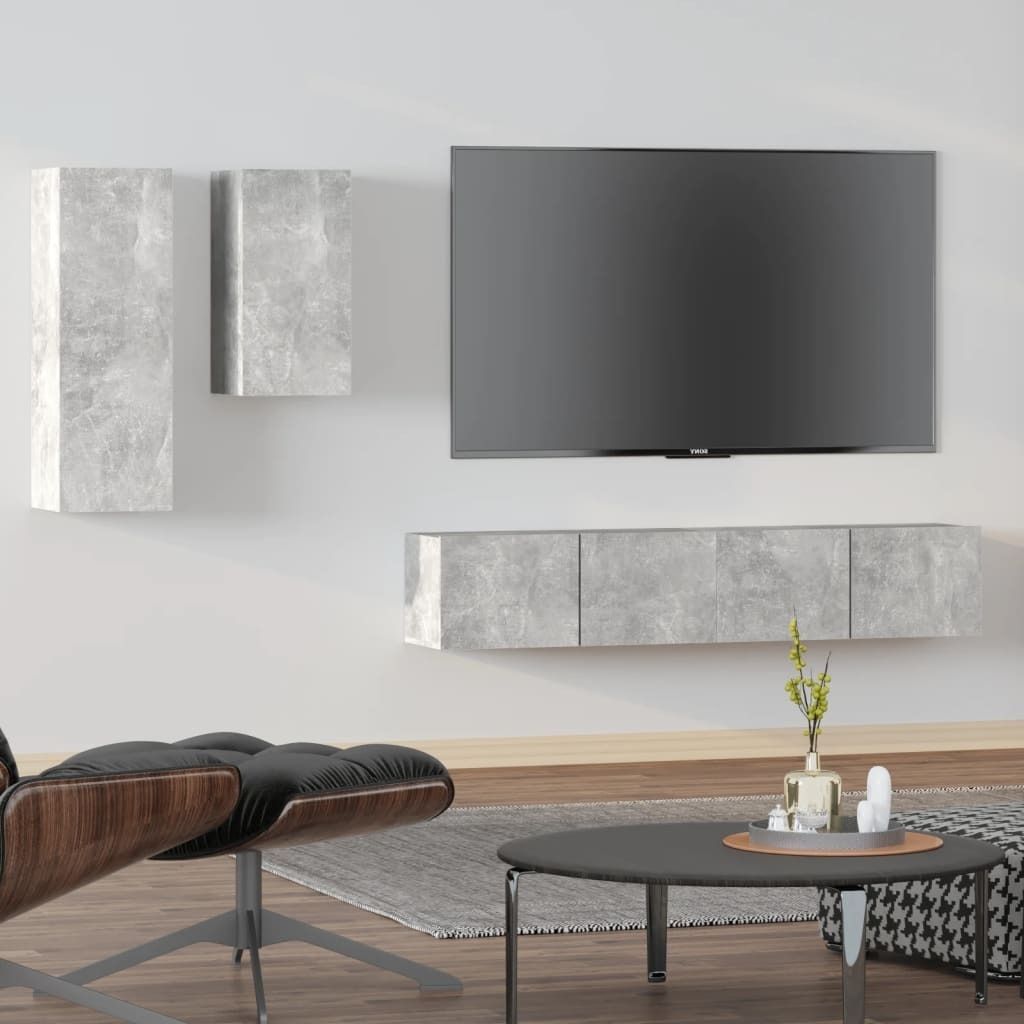 "Rabatt" 4-tlg. TV-Schrank-Set - Hängend Wohnwand Modern - Betongrau Holzwerkstoff - TV-Schränke CC3887