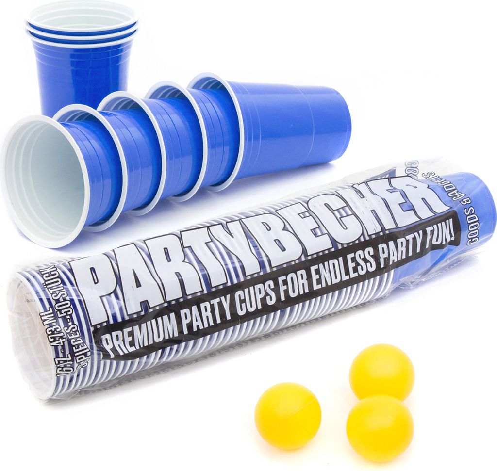 Packung mit 50 blauen Partybechern, wiederverwendbare Plastikbecher, blaue Getränkebecher, 473 ml (16 Unzen), Set inkl. 3 Tischtennisbällen