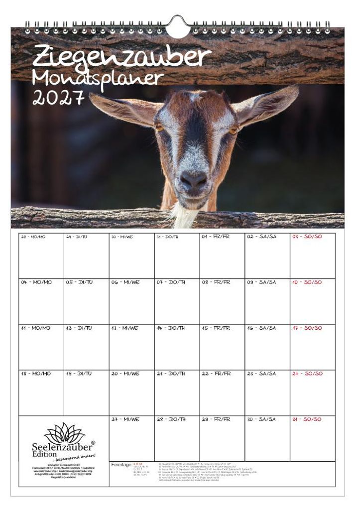 Ziegenzauber Planer DIN A3 Kalender für 2027 Ziegen und Zicklein - Seelenzauber