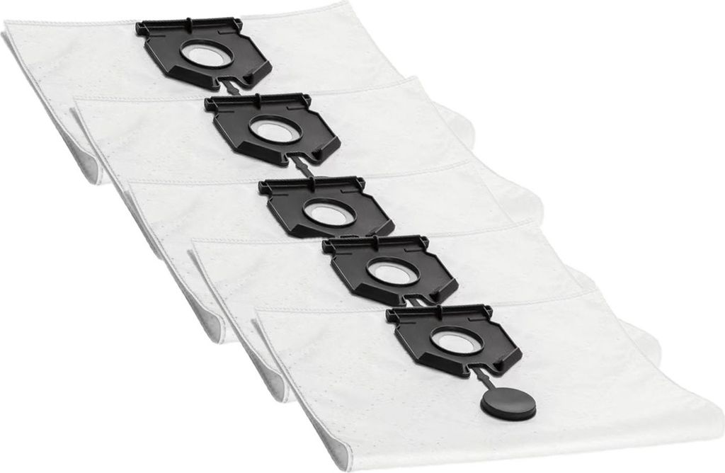 A stack of five white vacuum cleaner bags with black plastic connectors, presented on a white background.