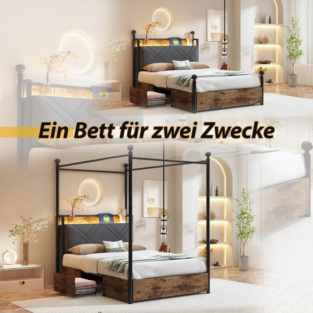 Lit combiné 90x190 cm avec tête de lit étagère connectée et bande LED