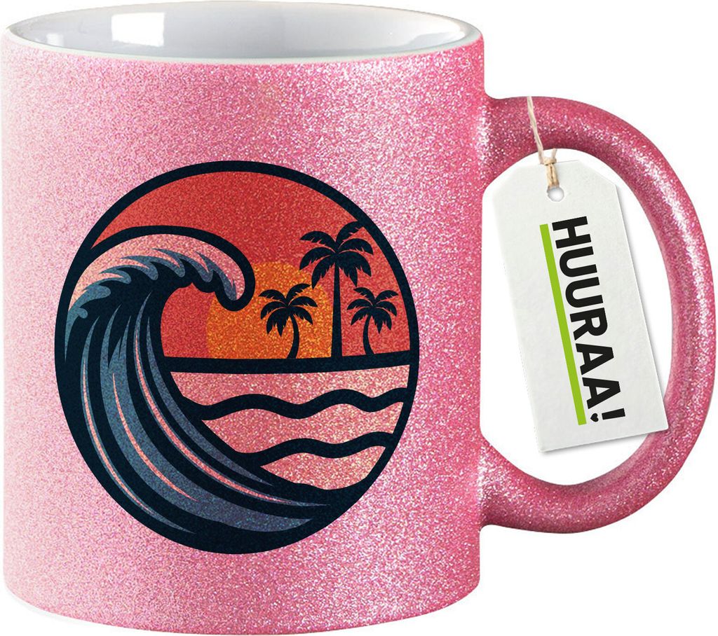 Huuraa Glitzer Kaffeebecher Beach Strand Welle Geschenk 330ml Pink Beach Mitbringsel