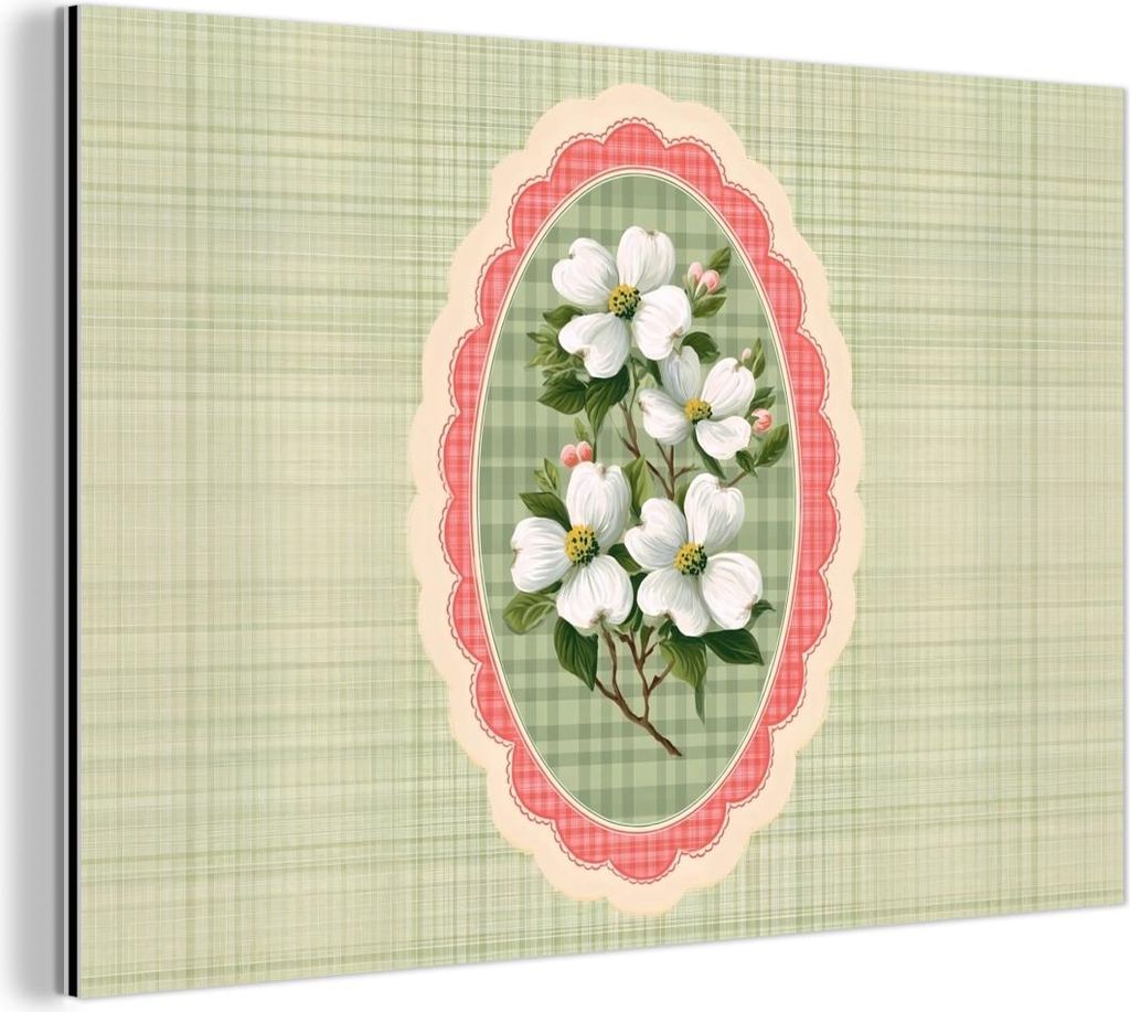 MuchoWow Wanddekoration Metall Metallbild Wandkunst 60x40 cm Blumen - Illustration - Kariert - Grün MuchoWow Aluminium Gemälde - Gemälder