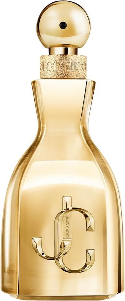A studio shot of a gold perfume bottle.