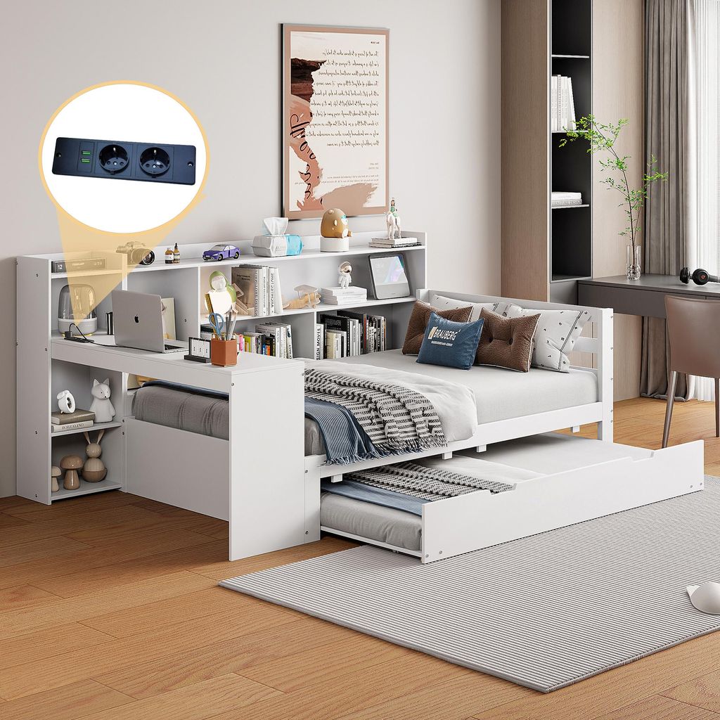 Sweiko Schlafsofa aus Massivholz, 90x200 cm, Mit Schreibtisch Bücherregalen Ablagefächern und Regalen, Mit Steckdose, Unterbett mit ausziehbarem ...