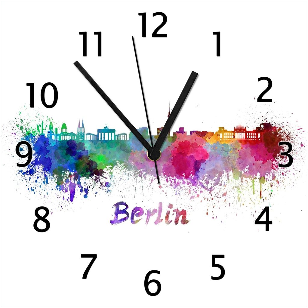 Wallario Design Wanduhr Städte als Aquarell - Skyline von Berlin aus Echtglas, Größe 30 x 30 cm