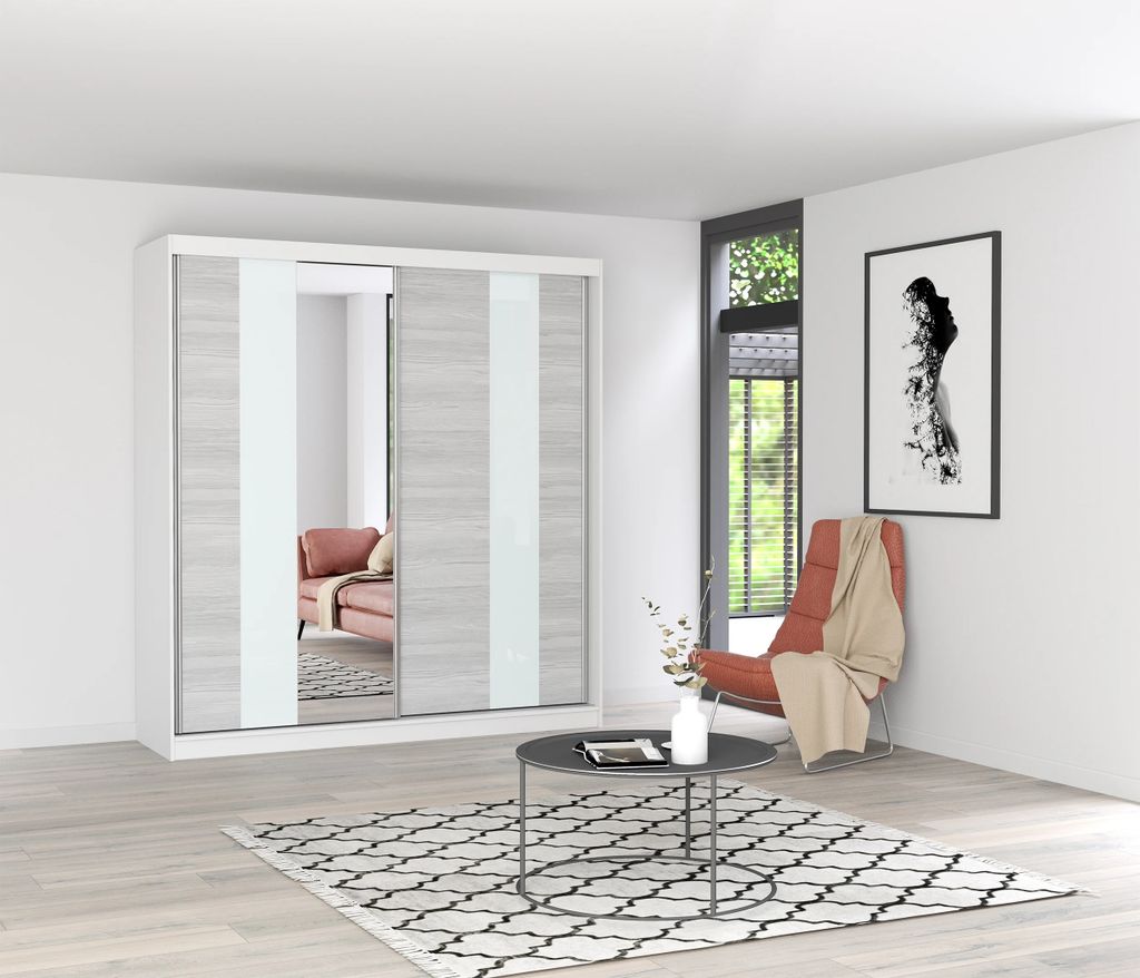 Schwebetürenschrank Kleiderschrank Schrank 203 cm Weiß/Kathult mit Spiegel und Lacobel Glaseinsatz Multi 32