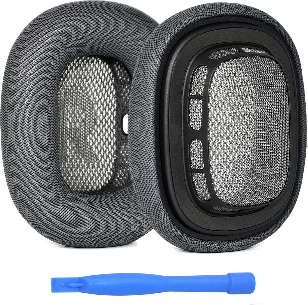Two replacement ear pads for headphones and a blue plastic tool.