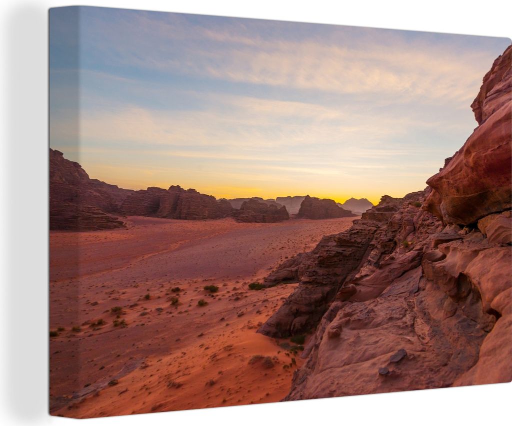 OneMillionCanvasses - Leinwandbilder - 140x90 cm, Schöner Sonnenaufgang hinter den Felsen im Wadi Rum, Wandbilder Kunstdruck Wanddekoration - Fo...