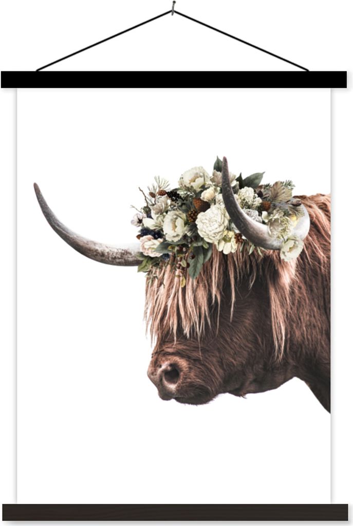 MuchoWow Textilposter Schottisches Hochlandrind - Blumenkranz - Weiß 40x53 cm mit schwarzem Rahmen - Abbildung
