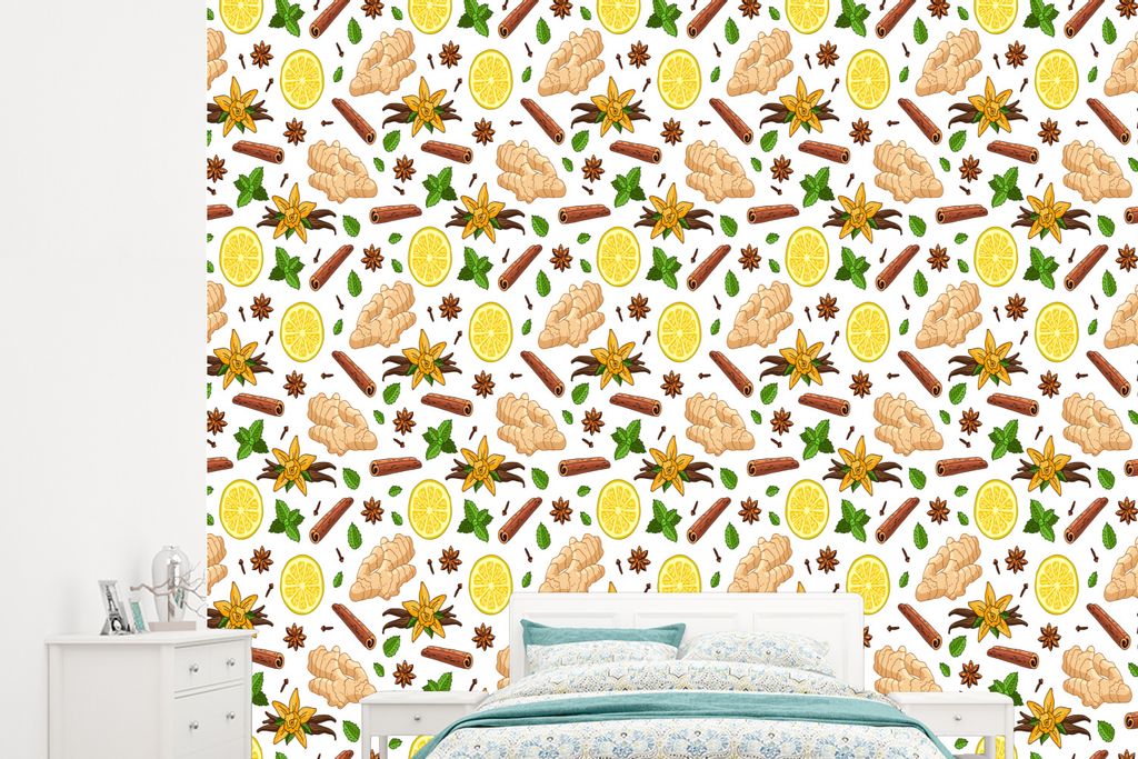 MuchoWow Fototapete für Wohnzimmer oder Schlafzimmer Wandtapete Vinyl Motivtapete Ingwer - Zimt - Zitrone - Anis - 265x240 cm - Zimmer für Kinder