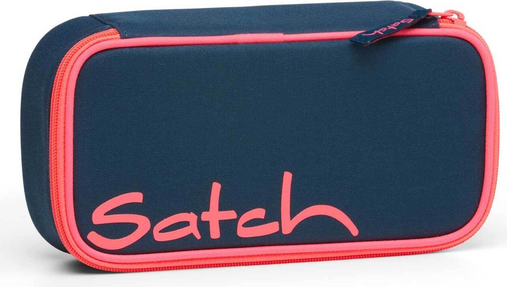 A navy blue pencil case with pink trim and lettering.