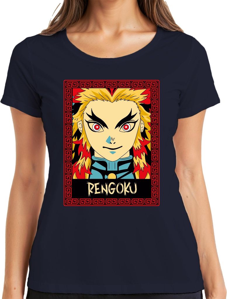 RENGOKU Kyojuro Demon Slayer Anime Flamme Geschenk Sammler Damen T-Shirt, Navy, L