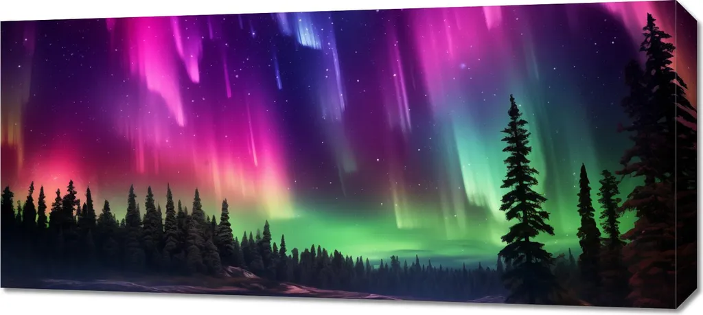 Quadro 90x40cm Aurora boreale sopra la foresta