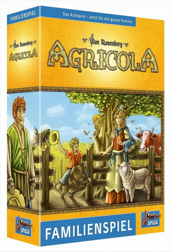 The image shows the front and side panel of the Agricola board game box, featuring an illustration of a family on a farm with farm animals.