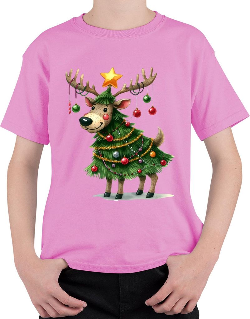 Weihnachtsrentier Weihnachtsbaum Stern Kugeln lustig Geschenk Uni Kinder T-Shirt, Pink, 140